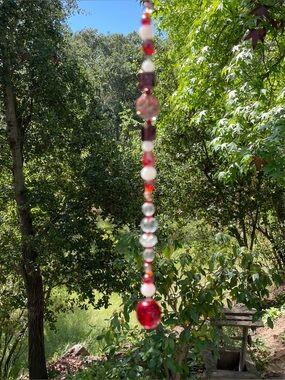 Homemade Red, Orange, Brown Glass and Crystal Sun Catcher